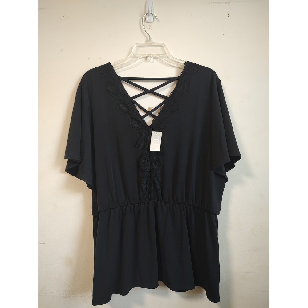 Maurices Womens Plus Size Black Lace Trim Lattice V-Neck Peplum Top Short Sleeve